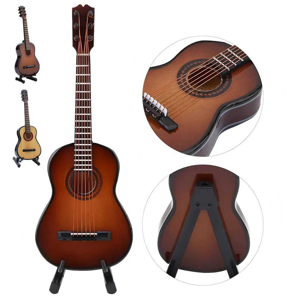 Wooden miniature guitar with warm brown sunburst finish and black hardware displayed on a stand as musical ornaments craft