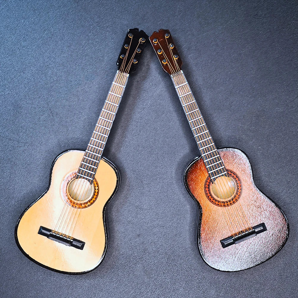 Two wooden miniature guitars with light natural and vintage brown finishes displayed as musical ornaments craft