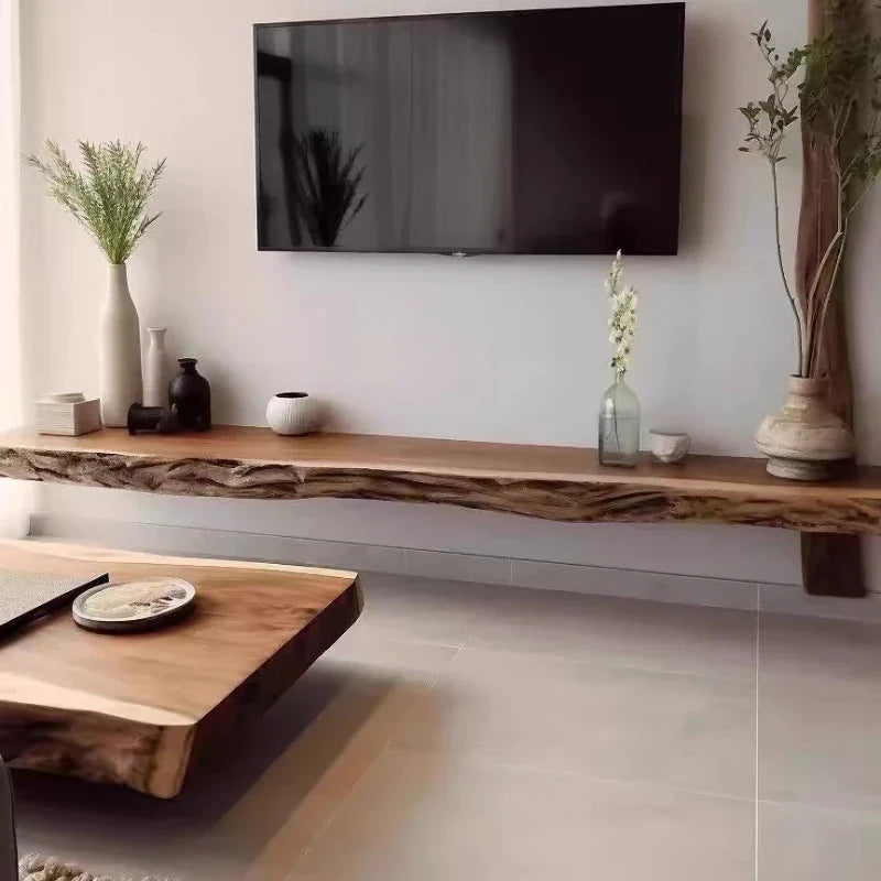 Floating wooden modern tv stand with natural live-edge finish and rustic texture for suspended tv stands bedroom minimalist