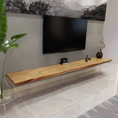 Floating wood tv console with natural live edge and light brown finish for modern tv stands and bedroom minimalist mounted use