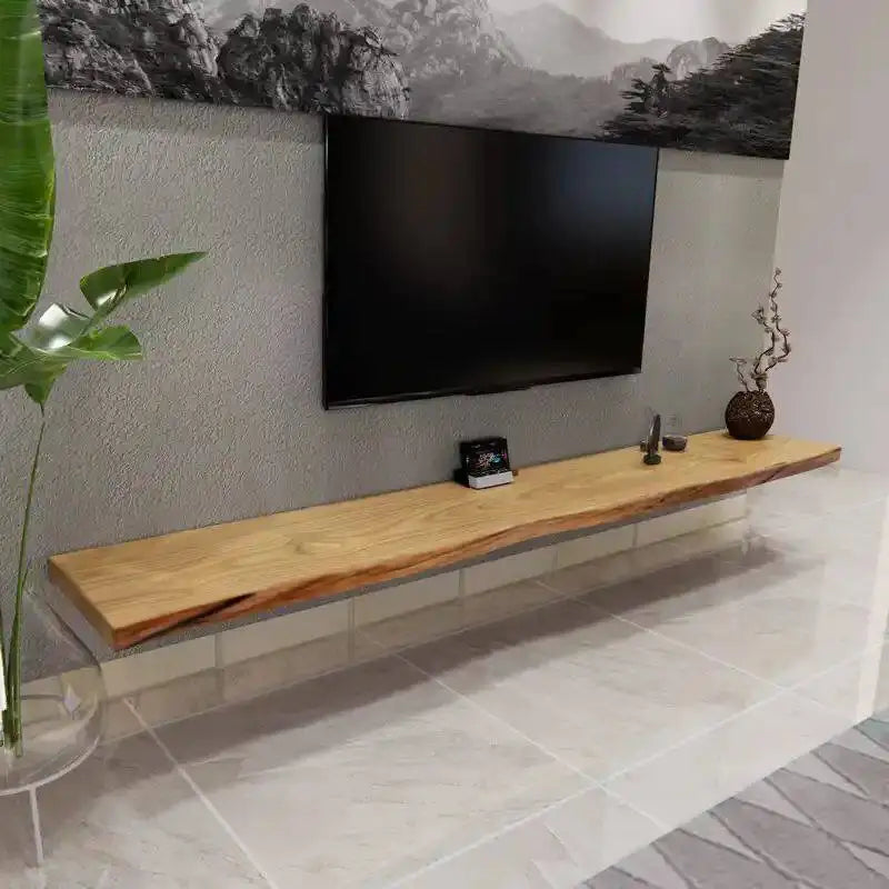 Floating wood tv console with natural live edge and light brown finish for modern tv stands and stands bedroom minimalist use