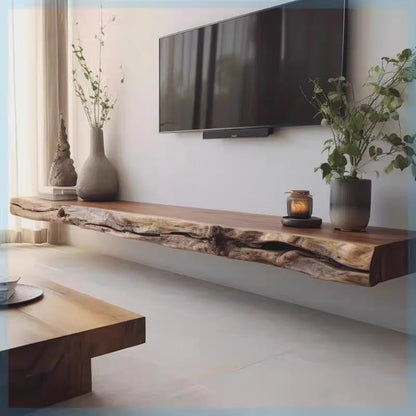 Floating wooden shelf with natural live-edge finish and rich brown tones for modern tv stands bedroom minimalist use