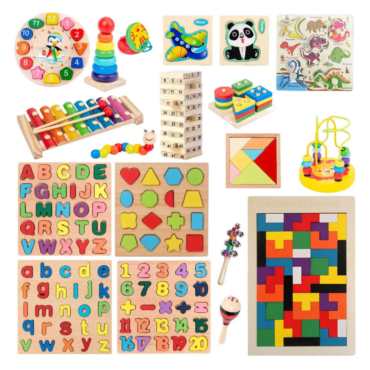 Wooden montessori infant and toddler early education handheld bell rattle with colorful wooden xylophone keys and mallets
