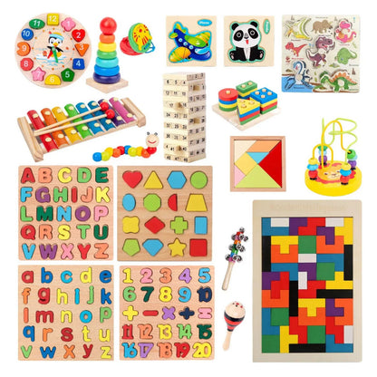 Wooden montessori infant and toddler early education handheld bell rattle with colorful wooden xylophone keys and mallets