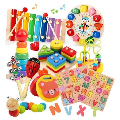 Colorful wooden montessori infant and toddler early education toy set with handheld bell rattle and learning boards