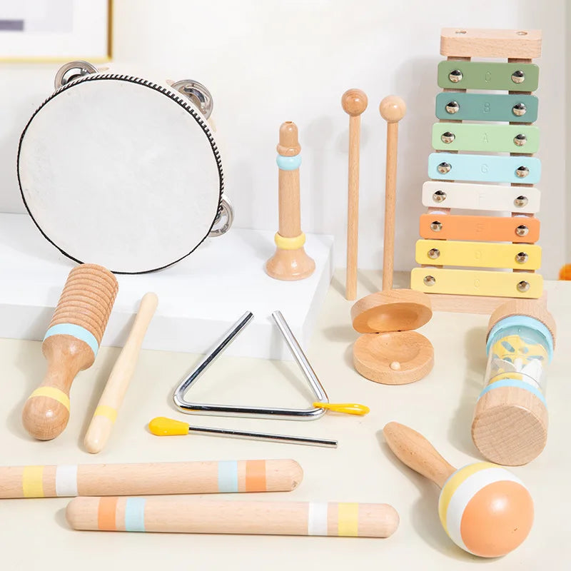 Pastel-colored wooden montessori infant xylophone with metal keys and rounded edges for toddler early education and handheld bell rattle use