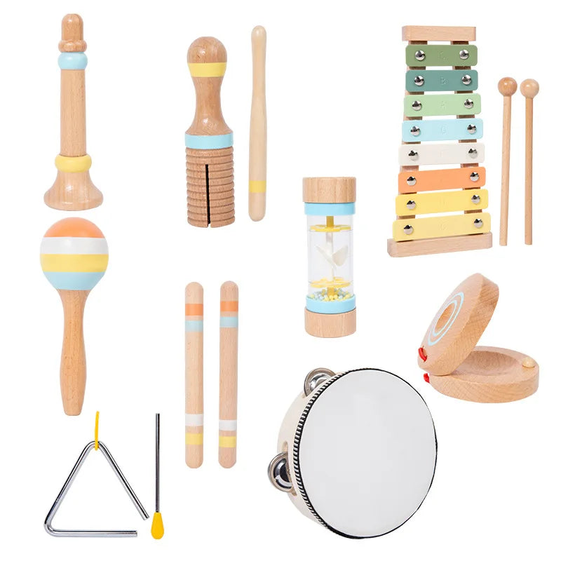 Pastel-colored wooden montessori infant and toddler early education musical instrument set with handheld bell rattle and xylophone