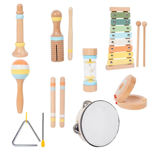 Pastel-colored wooden montessori infant and toddler early education musical instrument set with handheld bell rattle and xylophone