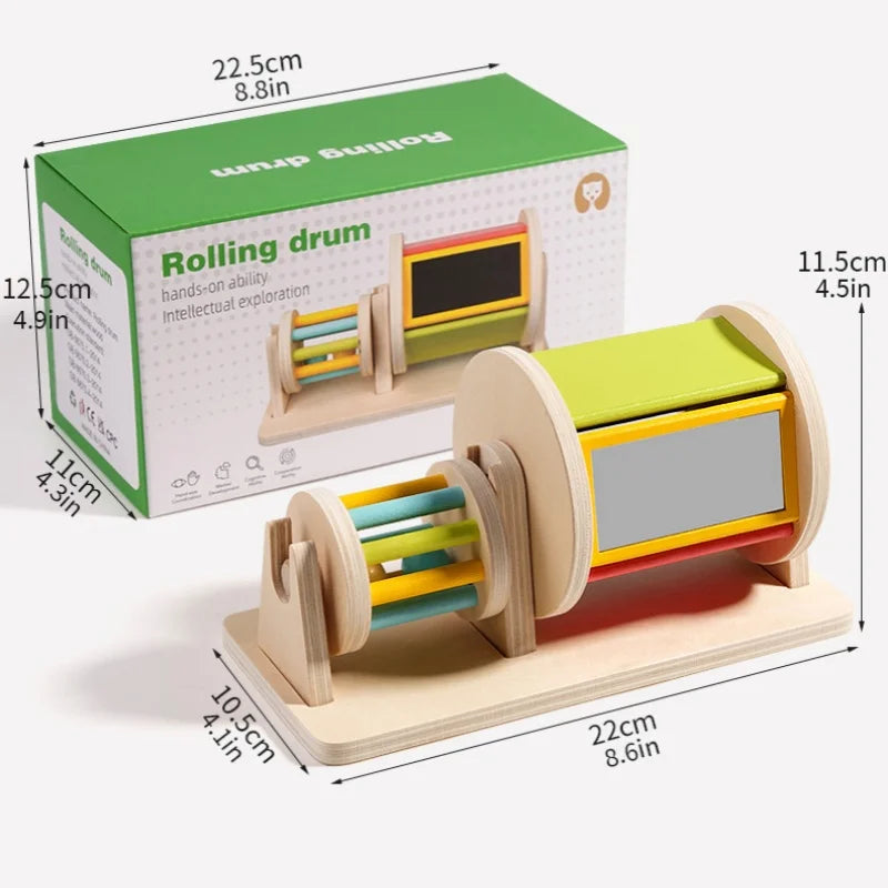 Wooden montessori toys color rolling drum with colorful cylindrical rods and green yellow red gray panels for baby sensory early education