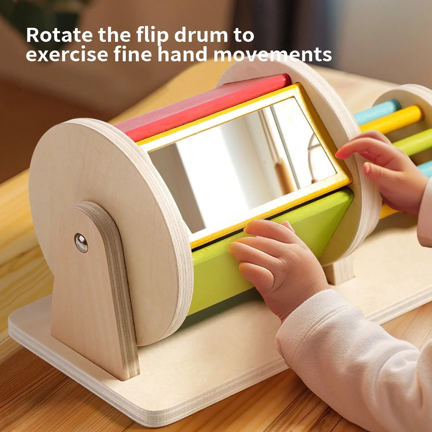 Colorful wooden montessori toys color rolling drum with mirrored center for baby sensory early education