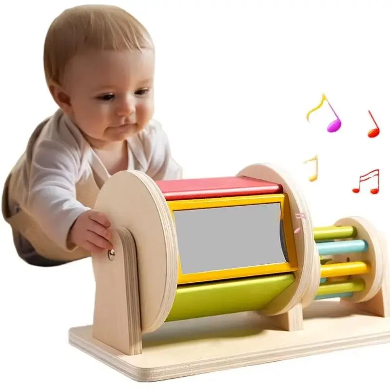 Colorful wooden montessori toys with red yellow and green sections featuring a baby sensory early education drum