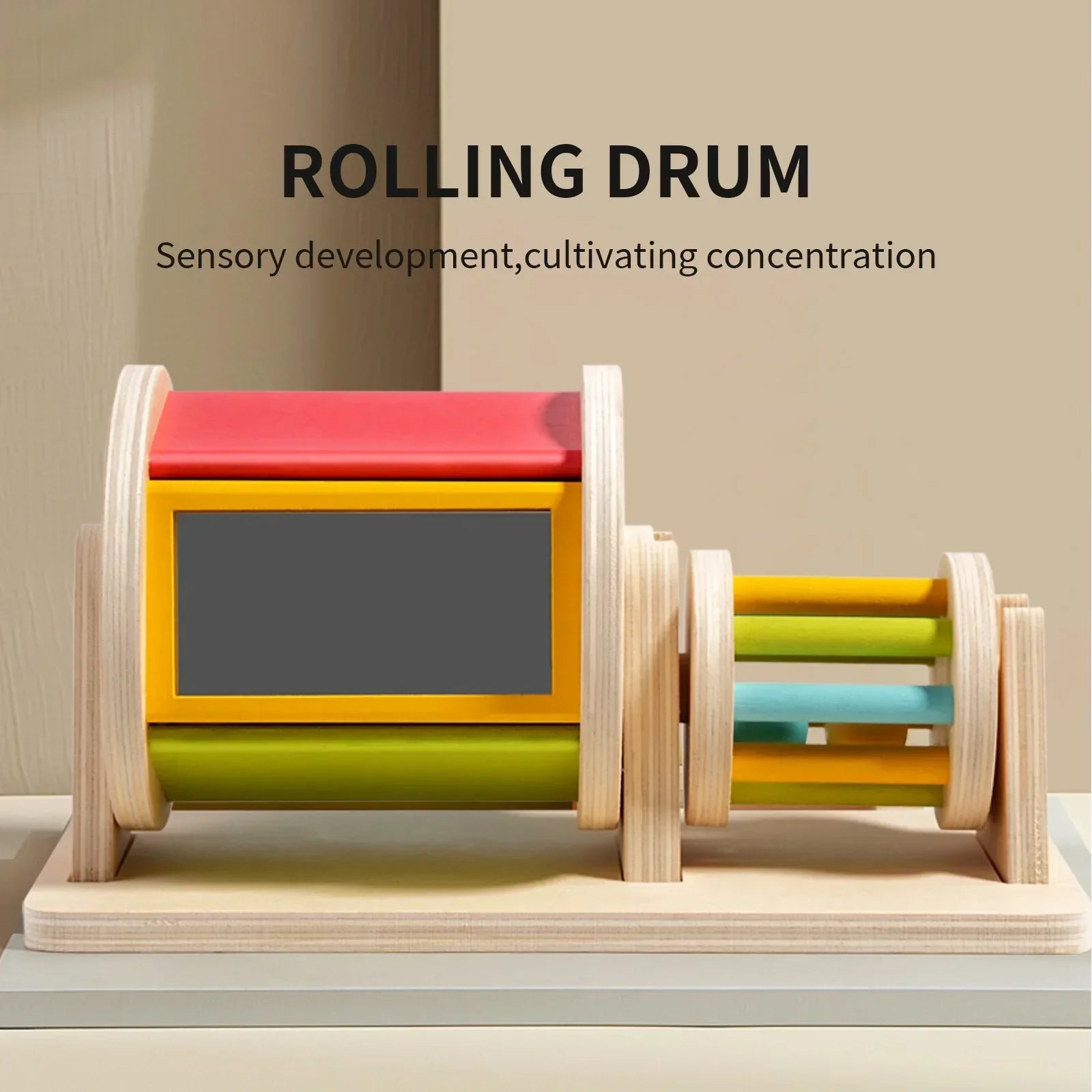Colorful wooden montessori toys color rolling drum with red yellow green and blue sections for baby sensory early education