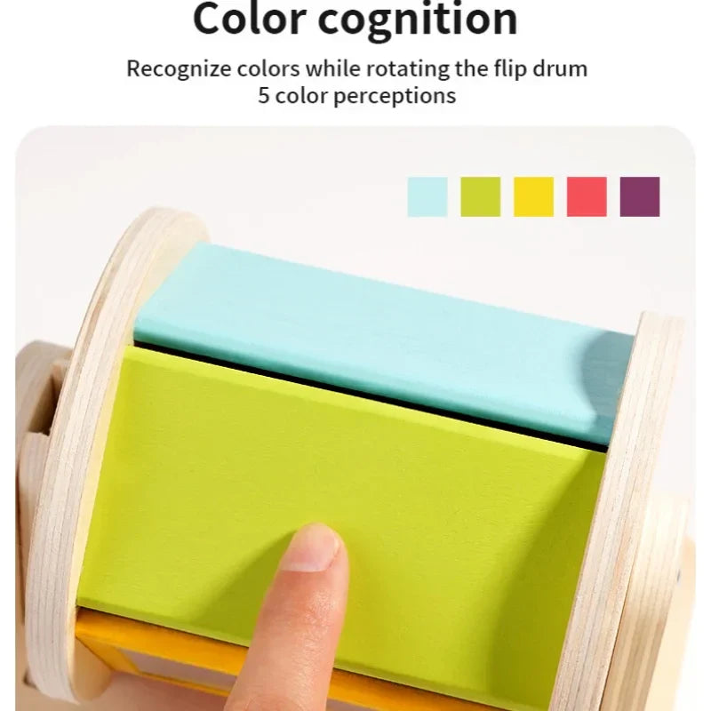 Wooden montessori toys color rolling drum with colorful light blue and lime green panels for baby sensory early education