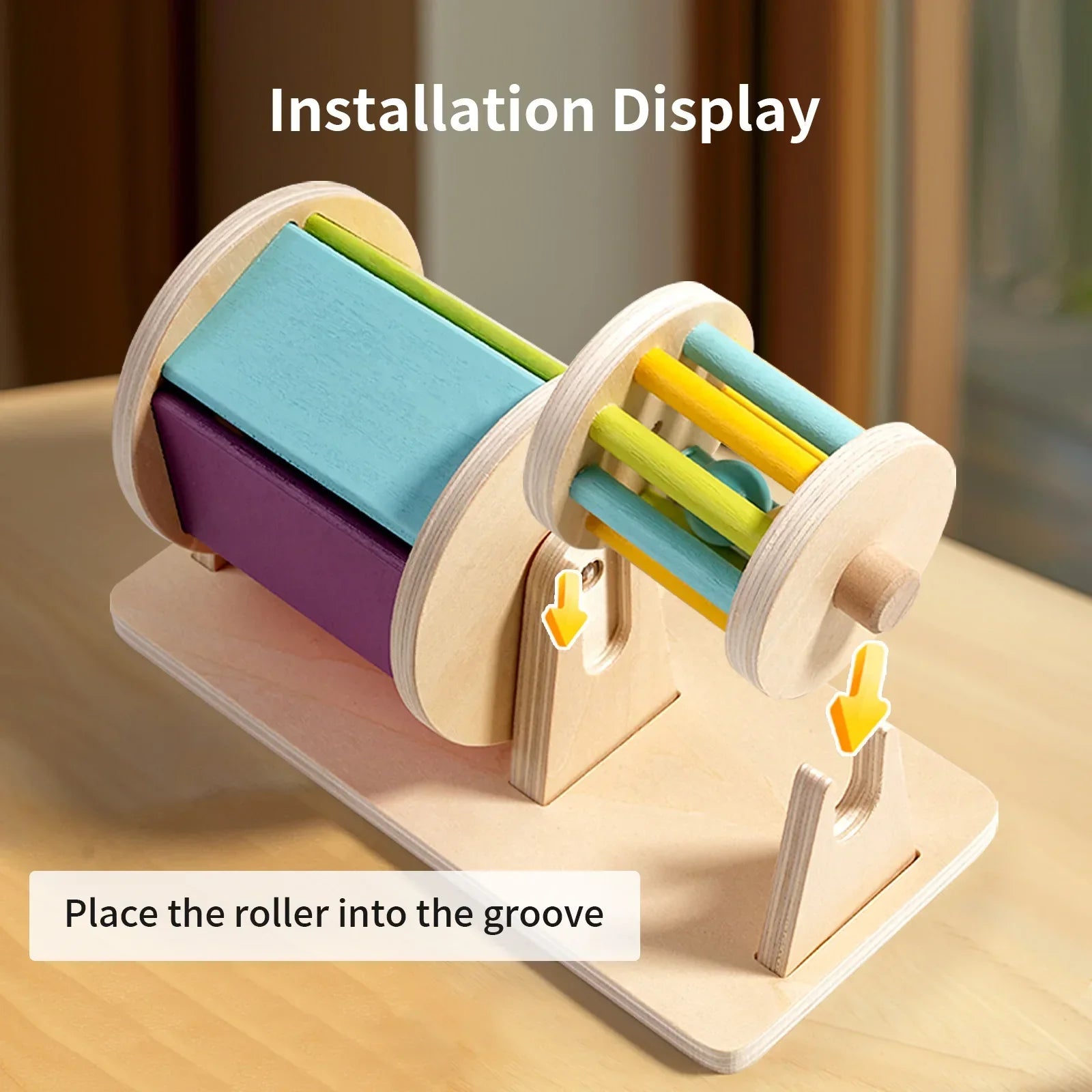 Wooden Montessori toys color rolling drum with colorful blocks and rods for baby sensory early education use