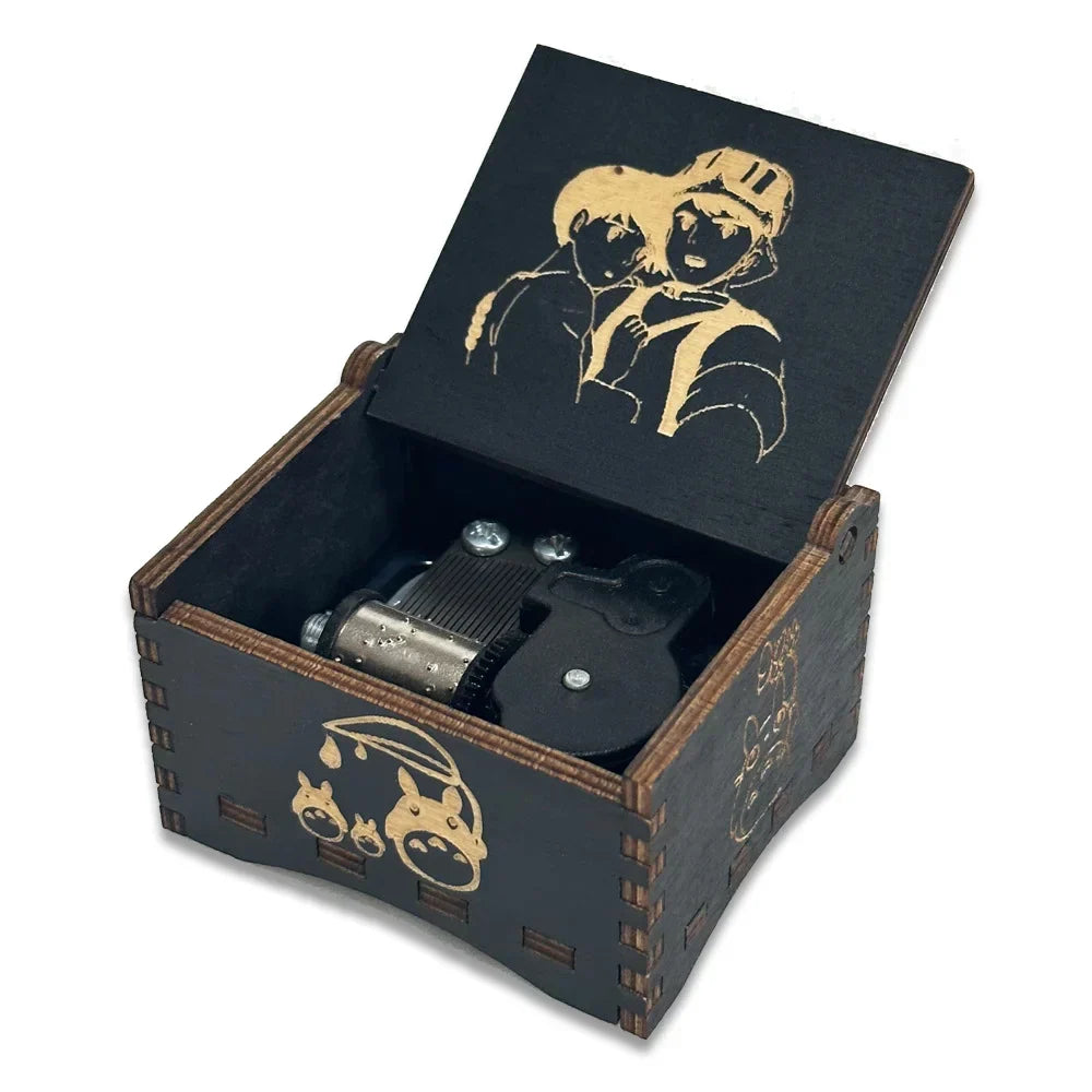 Black wooden music box with gold laser engraving gift featuring animated characters and mechanical box creative spring mechanism