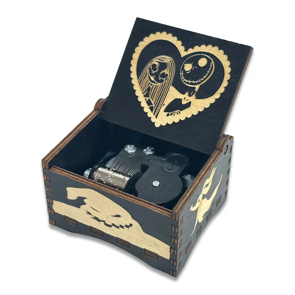 Black wooden music box with gold laser engraving gift design of jack skellington and sally in heart shape