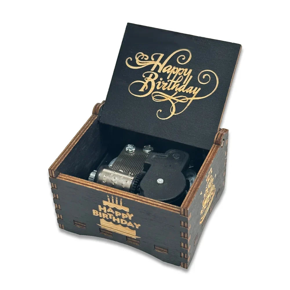 Black wooden music box with gold happy birthday laser engraving gift featuring a mechanical box creative spring mechanism