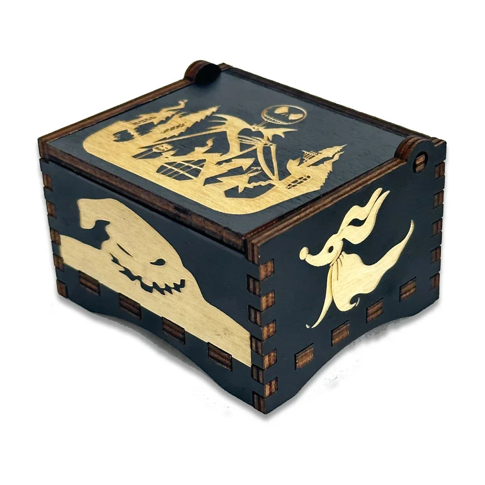 Black wooden music box with gold laser engraving gift featuring jack skellington and zero creative spring design