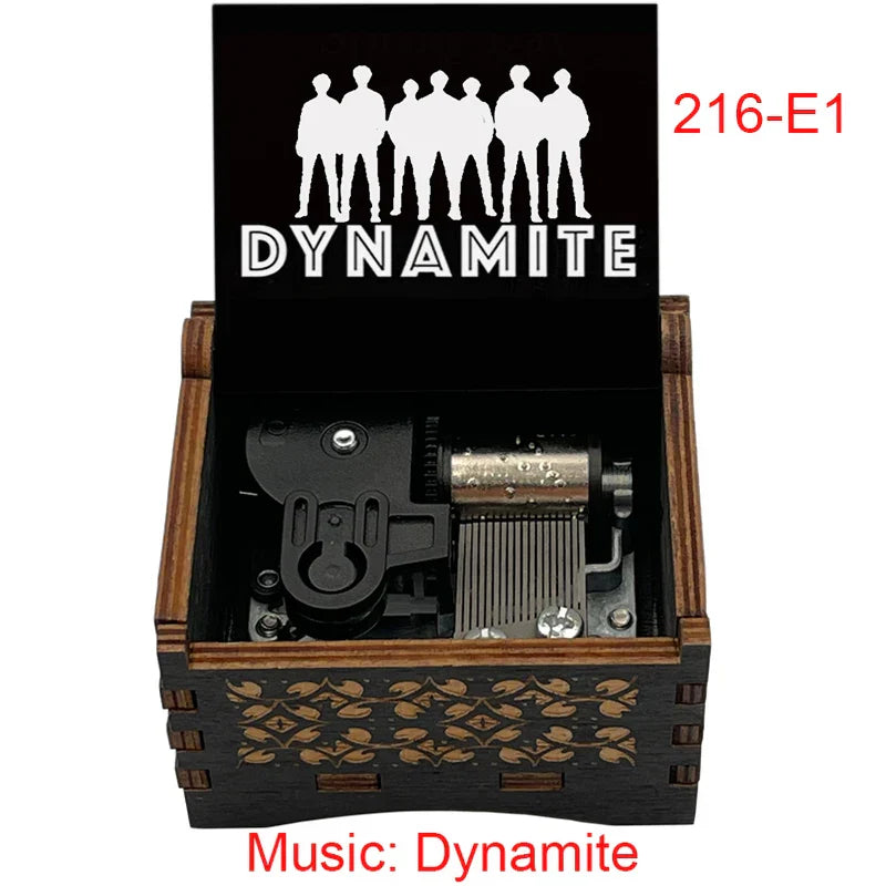 Black wooden mechanical music box with engraved leaf patterns and friends silhouette for friends home decoration