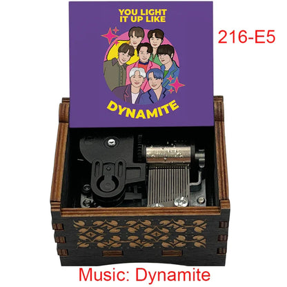 Purple wooden mechanical music box with engraved leaf pattern and bts illustration for friends home decoration