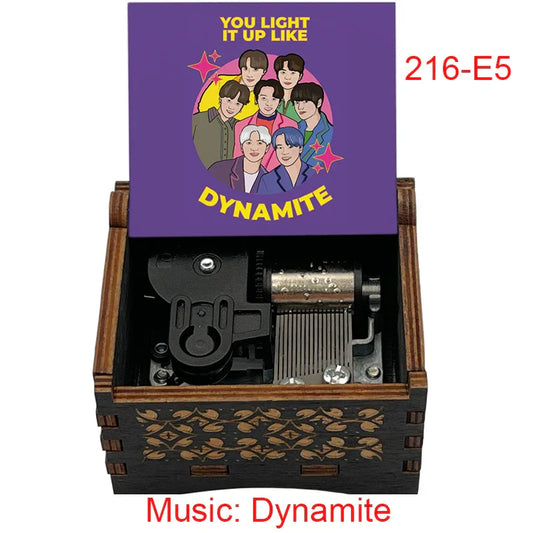 Purple wooden mechanical music box with engraved leaf pattern and bts illustration for friends home decoration