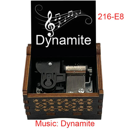 Black wooden mechanical music box with gold leaf floral inlay and dynamite engraving for friends home decoration