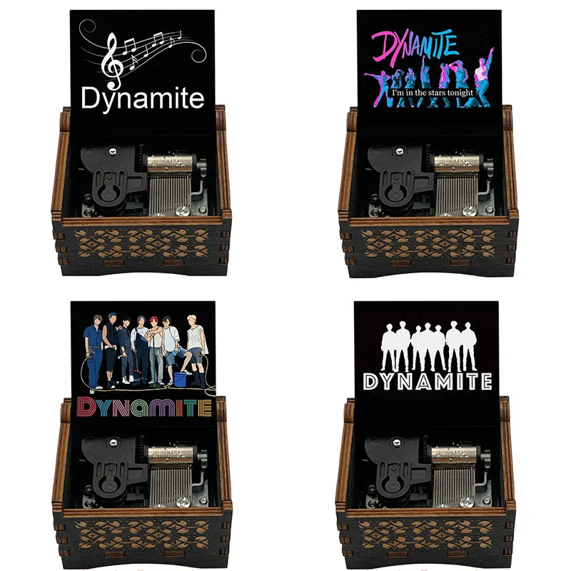 Black wooden mechanical music box with intricate inlay and visible mechanism for wooden music dynamite friends home decoration