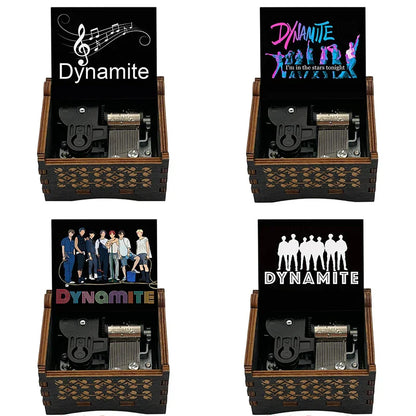 Black wooden mechanical music box with intricate inlay and visible mechanism for wooden music dynamite friends home decoration