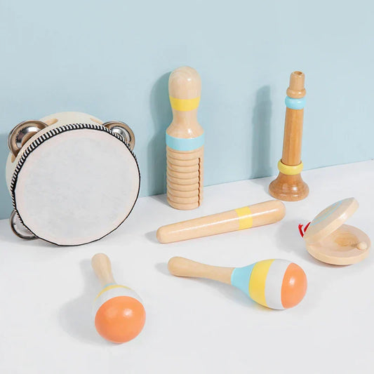Wooden musical instrument montessori set with colorful accents and metallic jingles baby children percussion toy