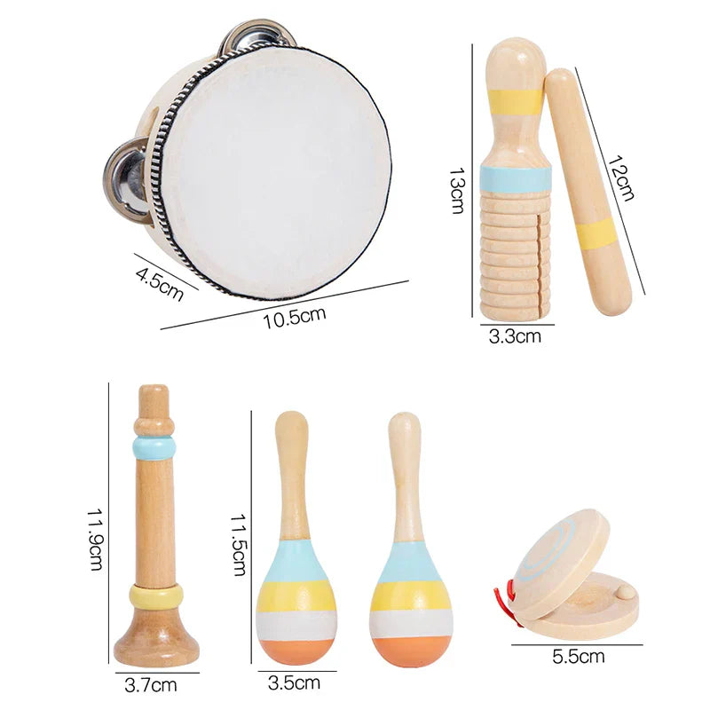 Wooden musical instrument montessori set with white tambourine striped wooden shakers and pastel maracas for kids