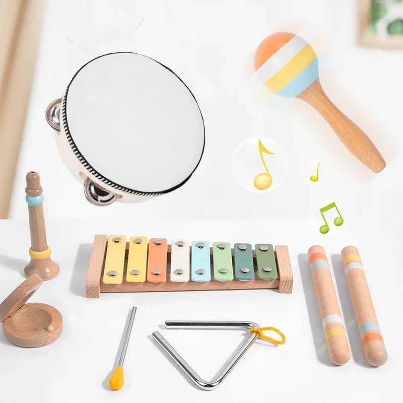 White tambourine with black rim and silver jingles wooden musical instrument montessori baby children percussion toy