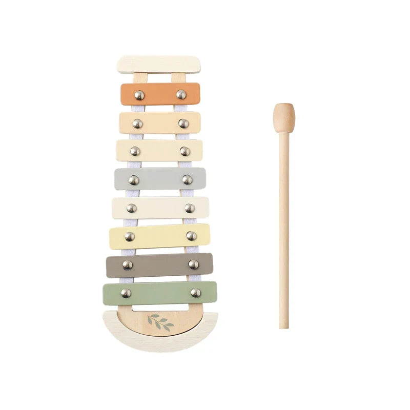 Pastel-colored wooden xylophone with soft earthy tones and matching mallet for instruments baby montessori enlightenment educational toy