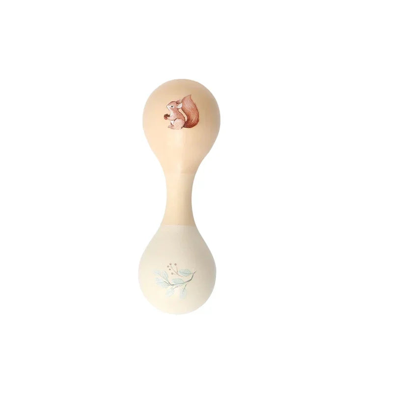 Cream-colored wooden maraca featuring a painted squirrel and bird for instruments baby montessori enlightenment educational toy