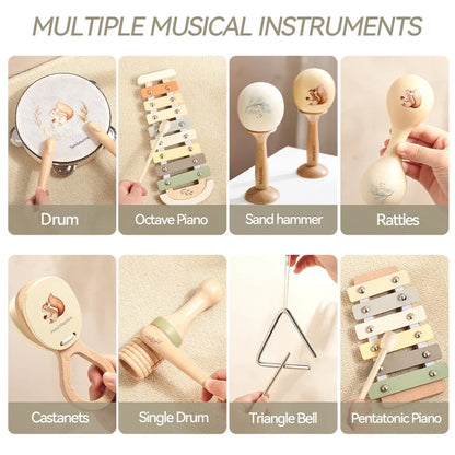 Wooden octave piano with pastel keys and natural finish is a wooden musical instruments baby montessori enlightenment educational toy
