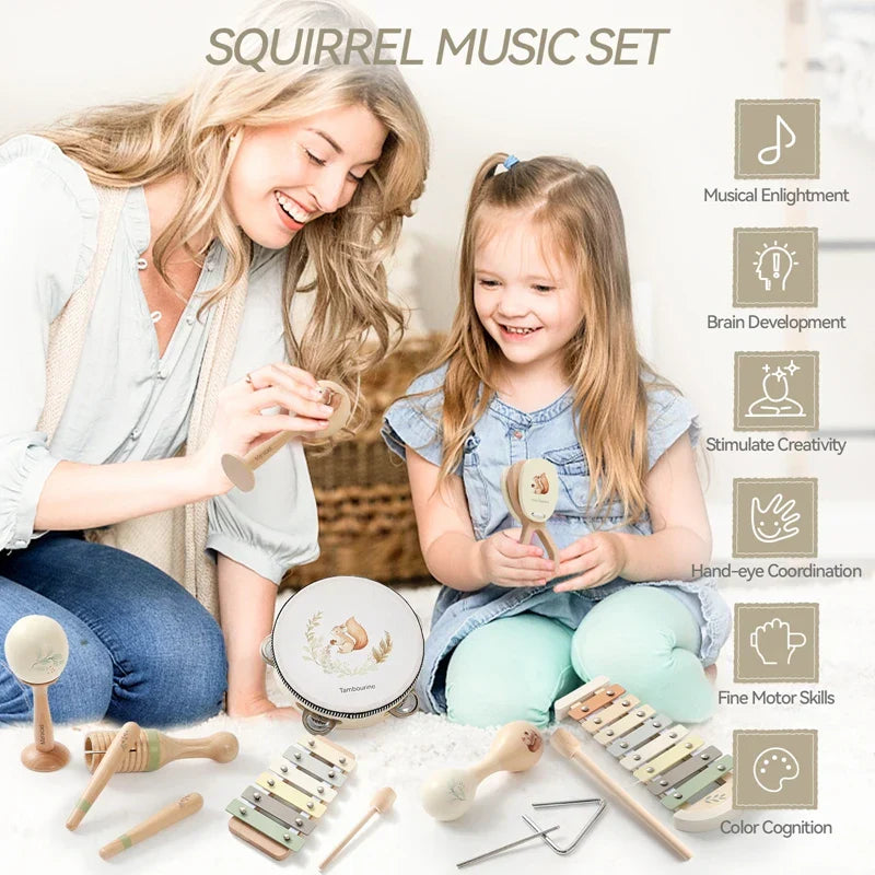 Wooden squirrel-themed musical instruments baby montessori toy with natural wood finish and painted metal keys educational toy