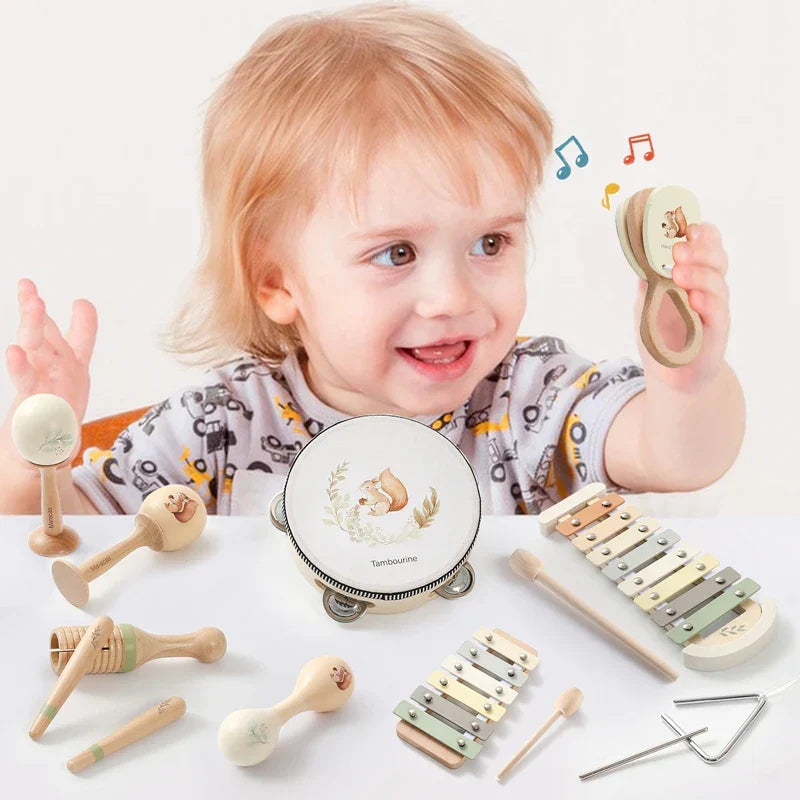 Wooden musical instruments baby montessori toy featuring a white tambourine face with an illustrated squirrel for enlightenment educational play
