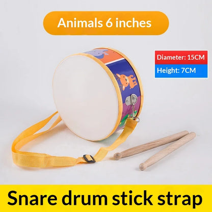 Wooden colorful 6-inch children’s snare drum with animal decals white head and yellow carrying strap for toddlers