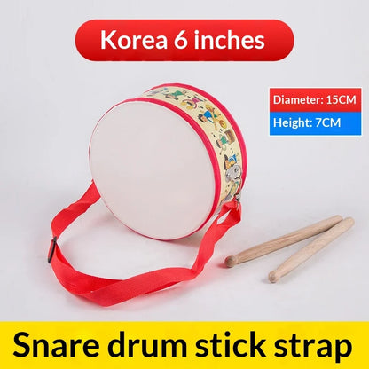Wooden percussion drum toy set for toddlers with red and white korean snare drum, cartoon band, sticks, and strap