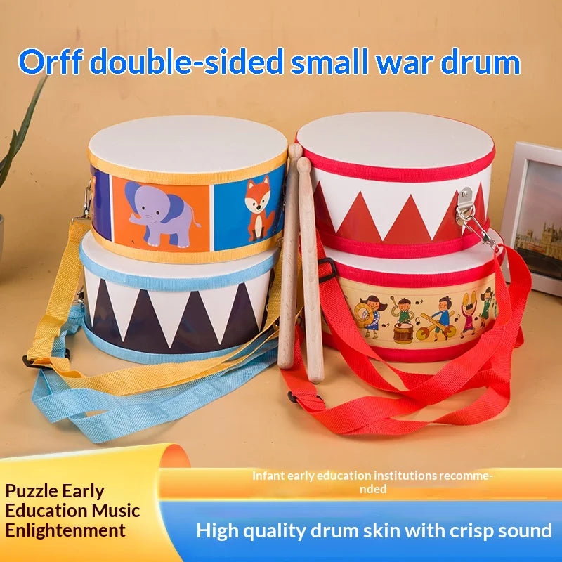 Wooden double-sided orff percussion drum toy set for toddlers with colorful animal and music prints and carry straps