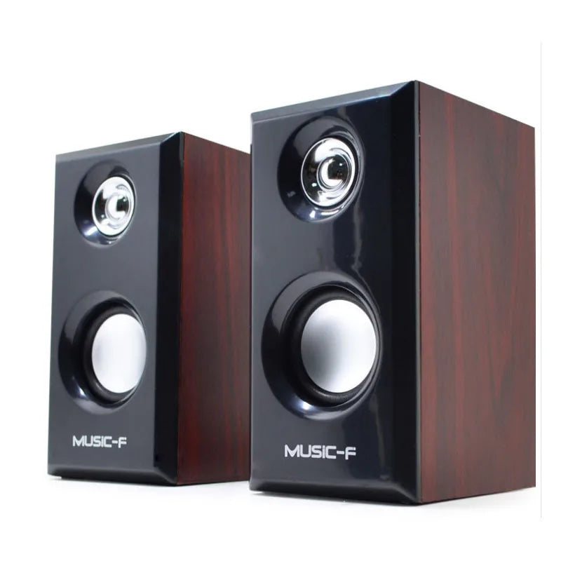A pair of music-f branded wooden wired loudspeakers with glossy black front and brown wood grain sides for computer use