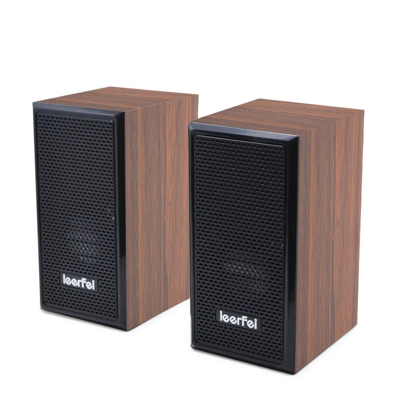 Pair of sleek wooden wired loudspeakers with black mesh grilles and leerfei branding for computer speakers use