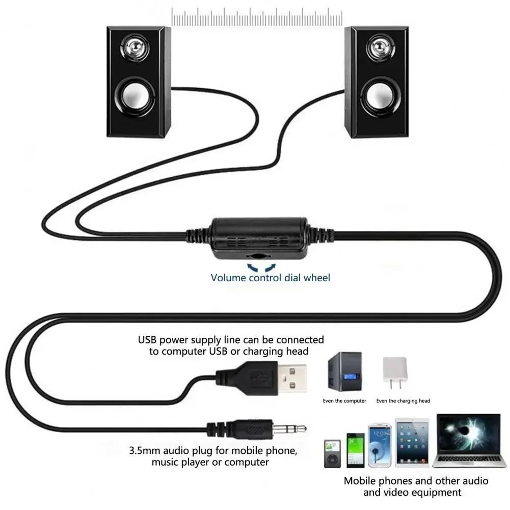 Black audio cable with volume control and usb power line for wooden wired loudspeakers computer connection