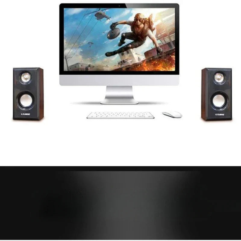 Black wooden-finish wired loudspeakers computer with silver drivers and USB powered wooden wired loudspeakers for laptop