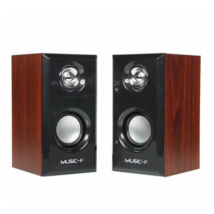 A pair of music-f wooden wired loudspeakers with glossy black front and brown wood-grain sides for computer use