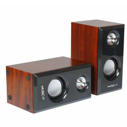 Pair of music-f wooden wired loudspeakers with glossy black front panel and wood-grain finish for computer use