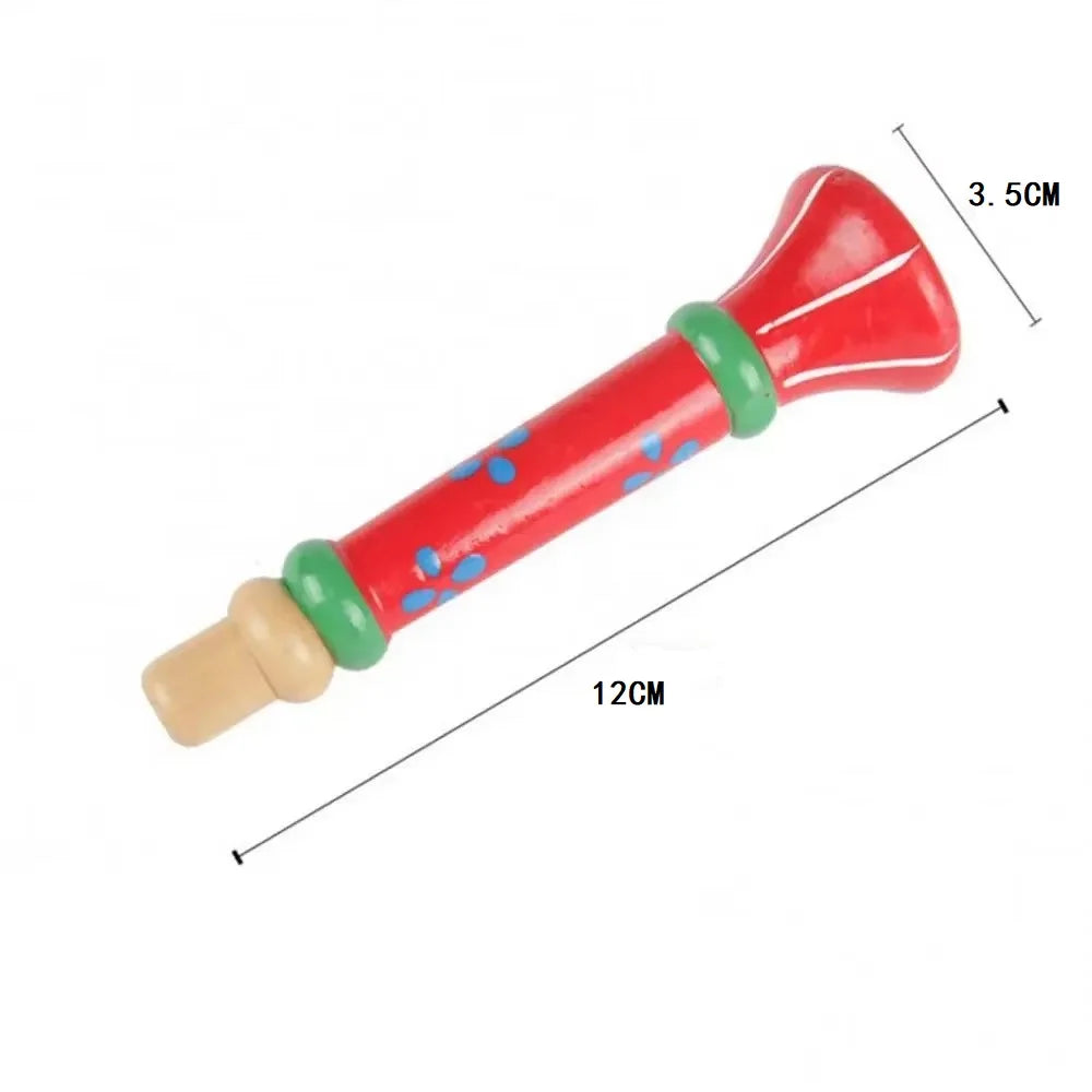 Red wooden trumpet children toy horn with green accents and blue dots for educational montessori toys sound training games