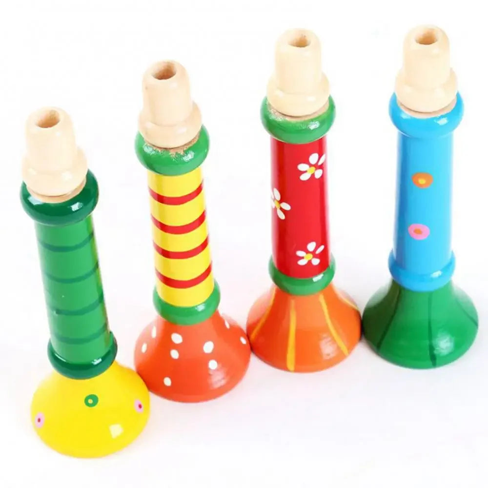 Four colorful wooden recorders with natural wood mouthpieces designed as educational montessori toys for sound training games