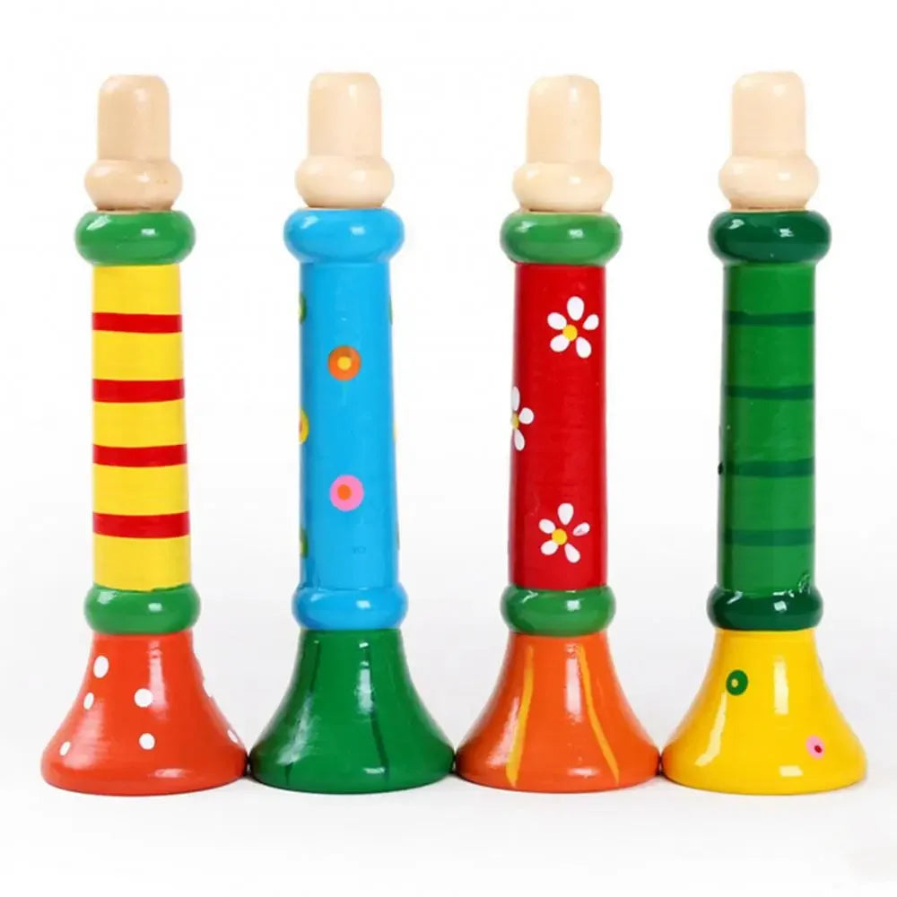 Four colorful wooden trumpet children toy horns with unique painted designs for educational montessori toys and sound training games