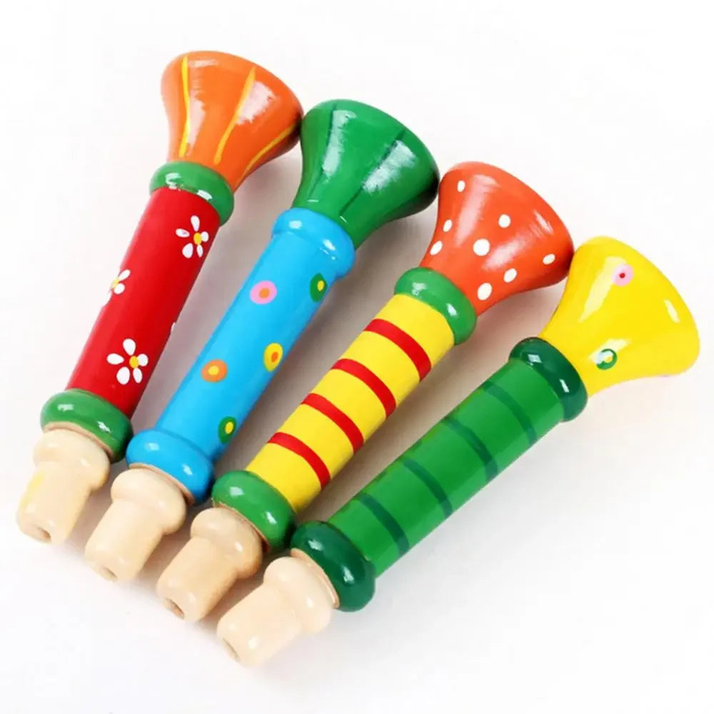 Four brightly colored wooden trumpet children toys with green accents for educational montessori toys sound training games