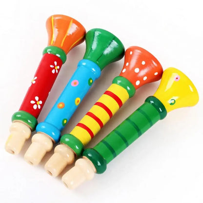 Four brightly colored wooden trumpet children toys with green accents for educational montessori toys sound training games